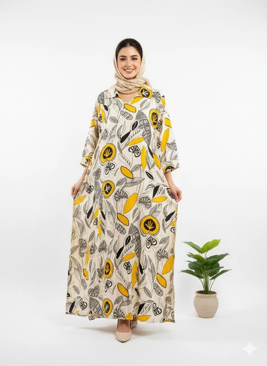 پیراهن ساحلی زنانه لینن چهار فصل زرد 4004 A