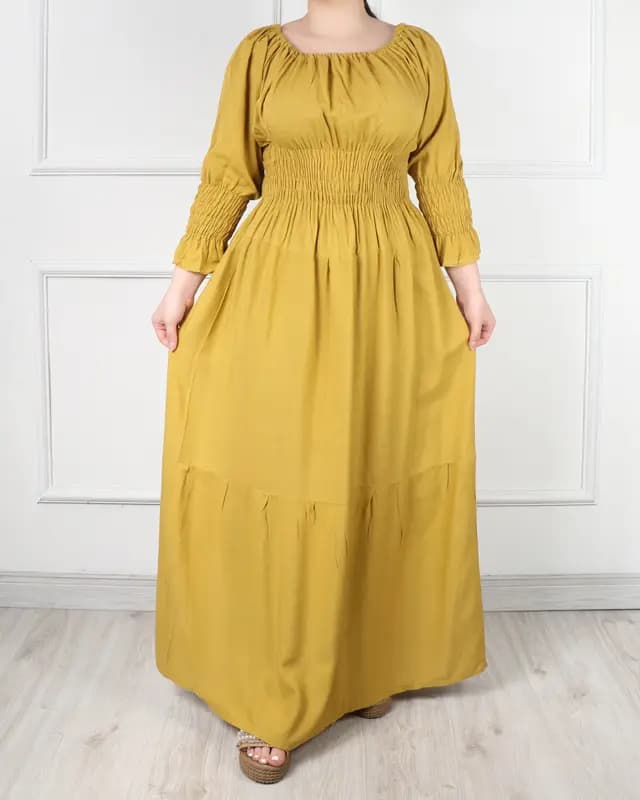 پیراهن زنانه بلند خردلی راحتی 40144