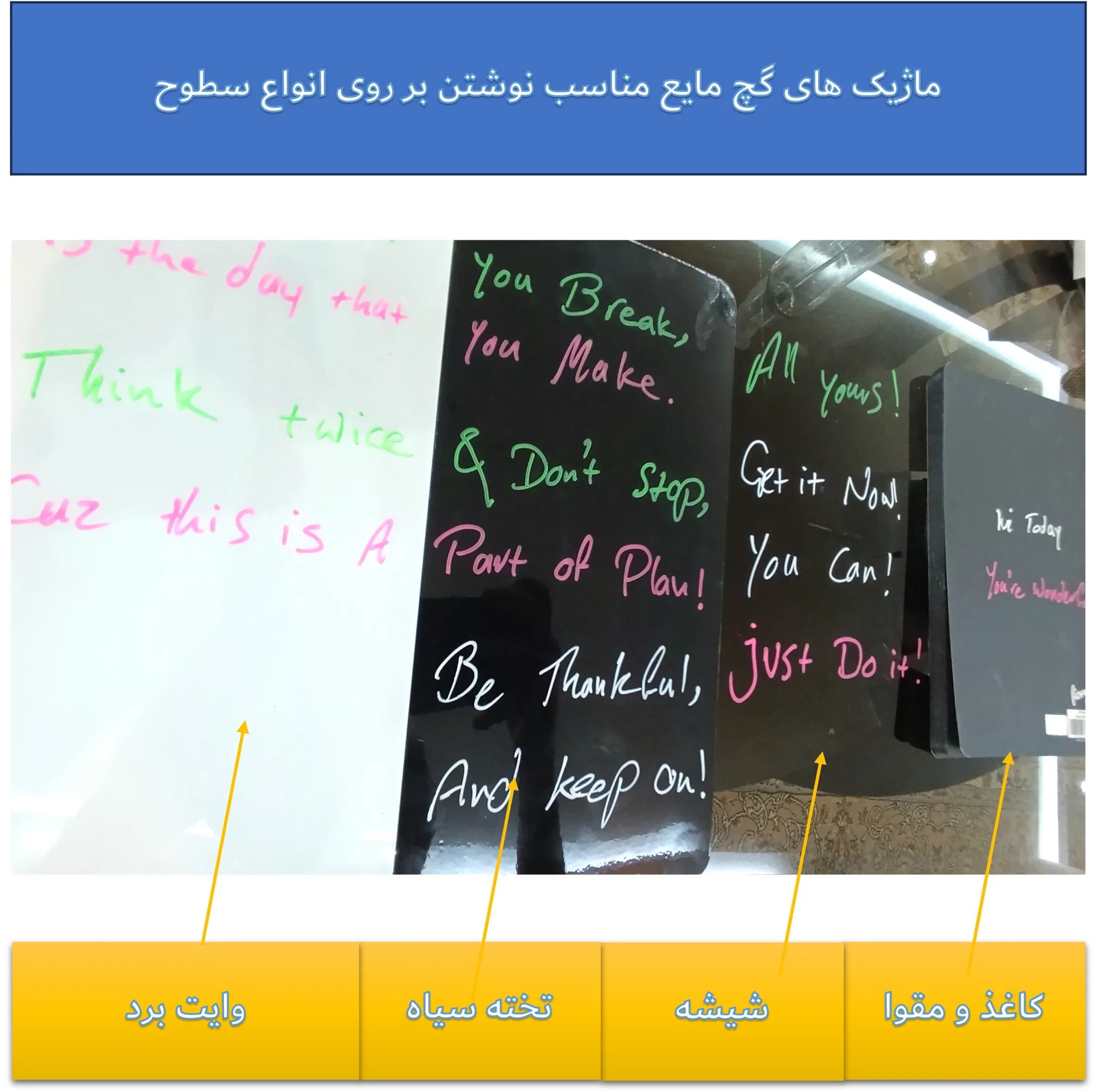 تخته وایت برد مغناطیسی هوم اند فریج مدل 12 سایز 28×14 سانتیمتر به همراه تخته سیاه مغناطیسی، ماژیک, نگهدارنده، استیکر، دستمال و تخته پاک کن مجموعه 12 عددی — تصویر ۷