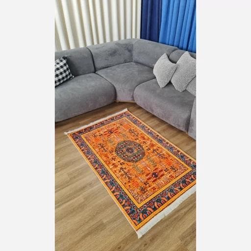 فرشینه | فرش چاپی برند حسن نیا چاپی هازان ترک زمینه نارنجی کدO149 (پس کرایه) — تصویر ۳