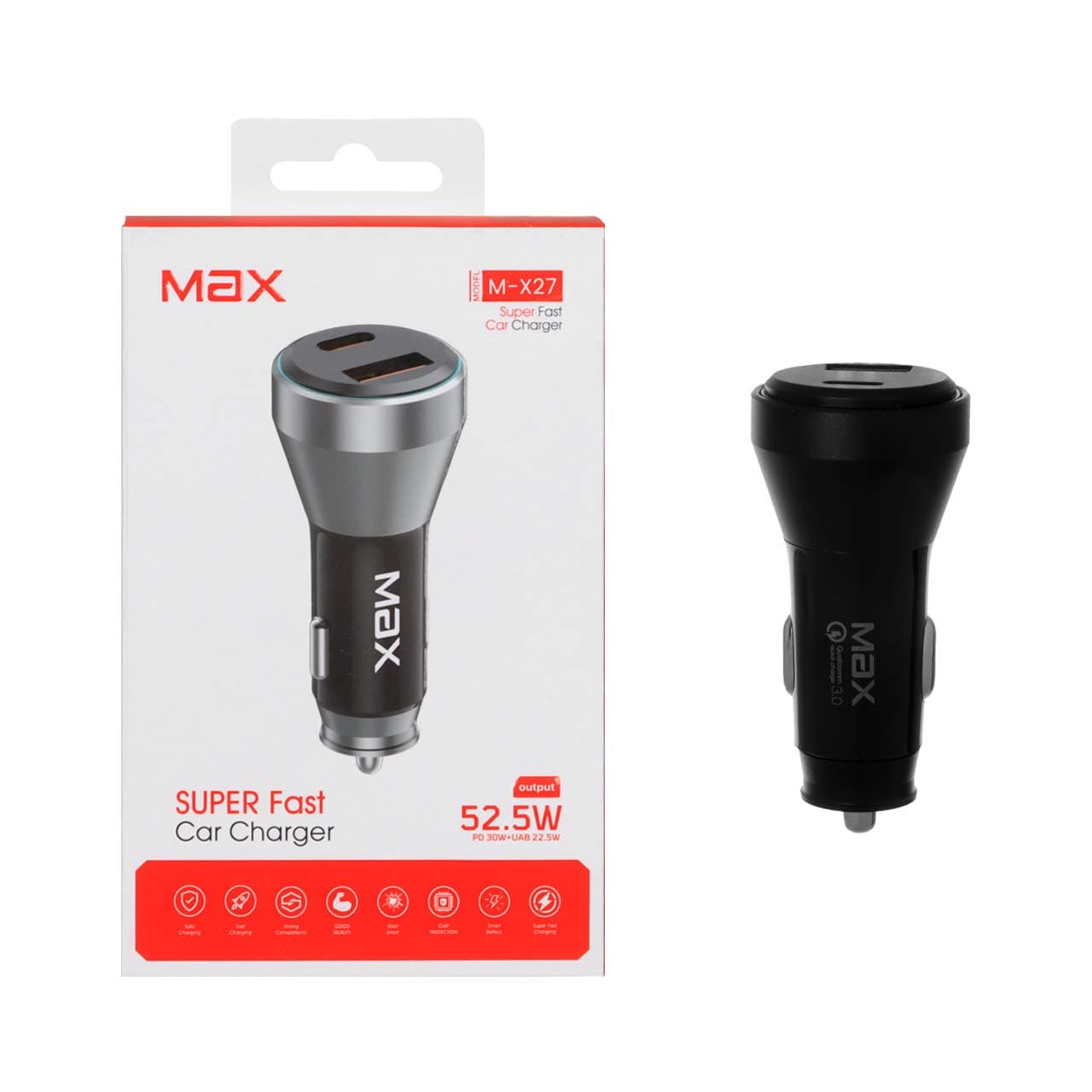 شارژر فندکی PD و فست دو پورت Max مدل M-X27 52.5W – مشکی – MMX