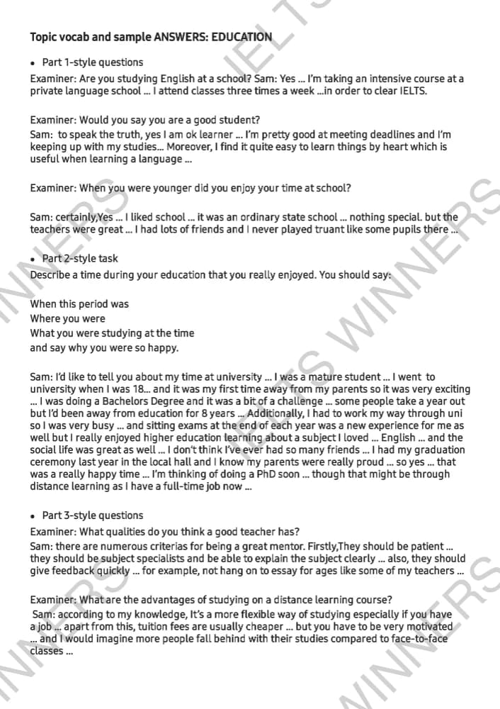 کتاب Speaking Topic: Education (موضوع اسپیکینگ آموزش همراه واژگان و نمونه پاسخ) نسخه انگلیسی PDF