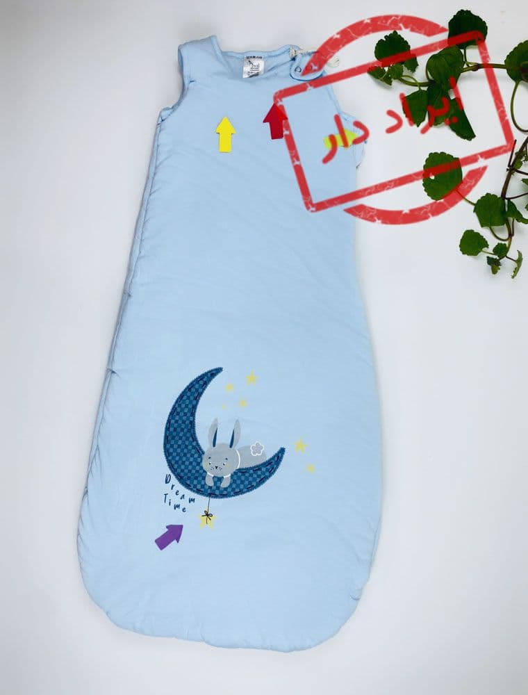 ایراد دار _ کیسه خواب نوزادی آستین تاپ طرح خرگوش و ماه جلوبسته بغل زیپی آبی آسمانی رنگ – 18 تا 24 ماه