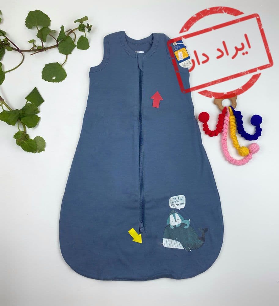 ایراد دار _ کیسه خواب نوزادی آستین تاپ برند لوپیلو طرح کوسه مدل زیپی جلو باز فیلی رنگ – 0 تا 6 ماه