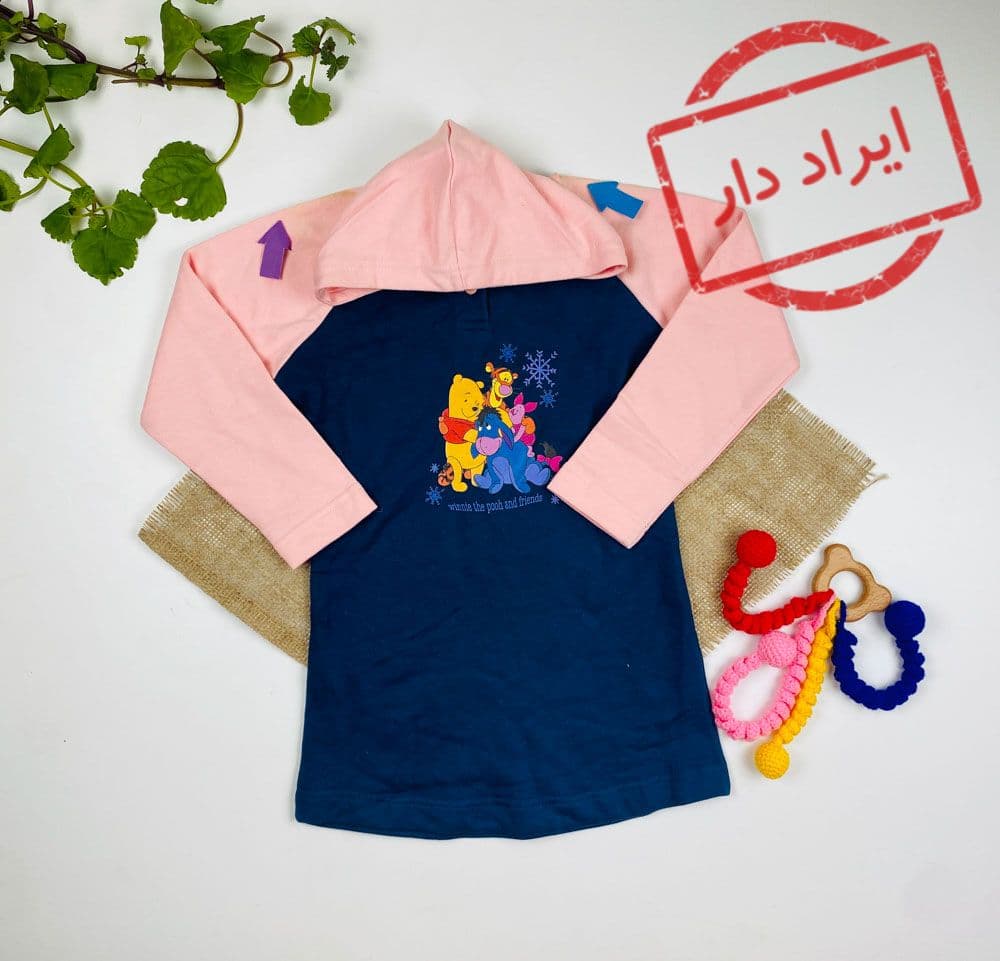 ایراد دار _ هودی دخترانه آستین بلند طرح بچه های برنامه پو هودی کلاه دار جلو بسته سورمه ای رنگ – 4 تا 6 سال