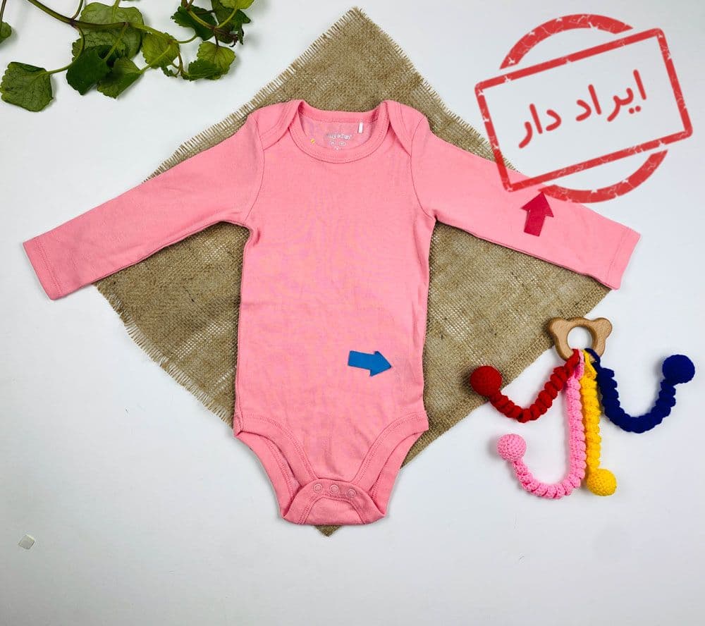 ایراد دار _ بادی نوزادی دخترانه آستین بلند طرح ساده ساده یقه گرد صورتی رنگ – 6 تا 12 ماه