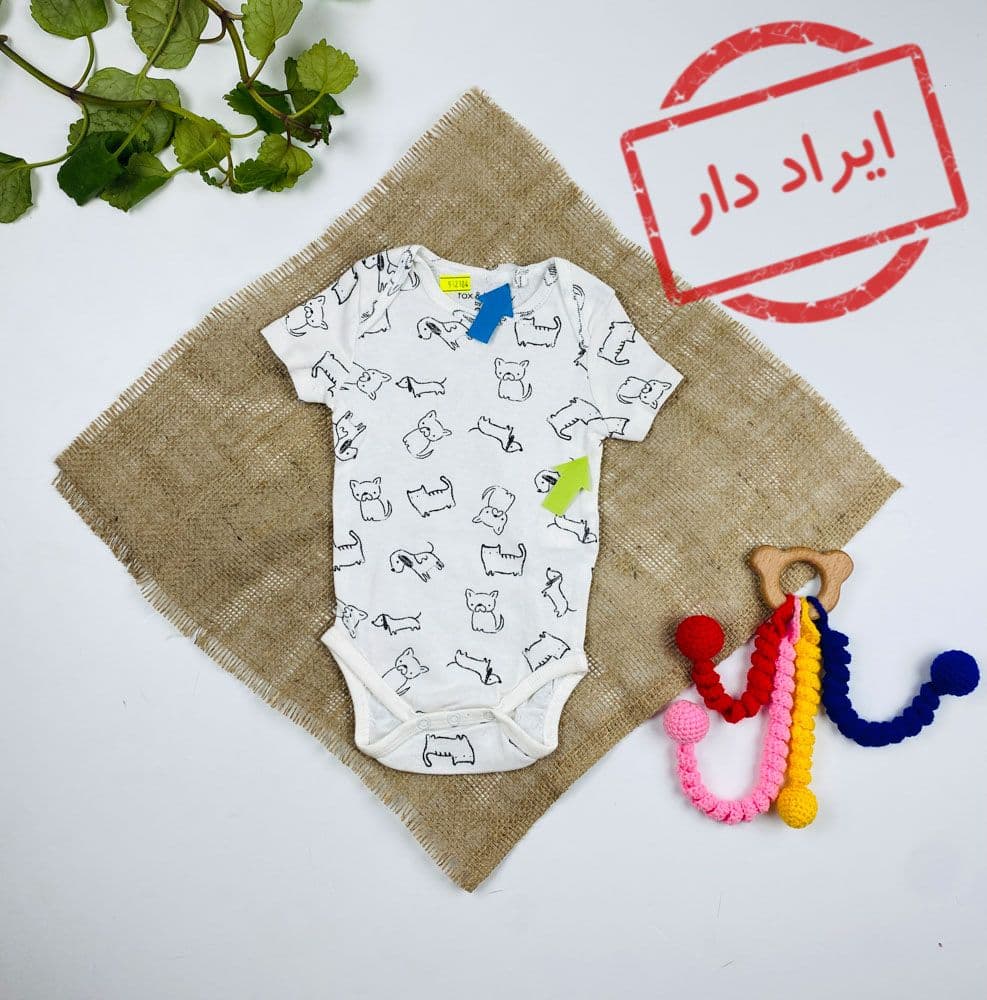 ایراد دار _ بادی نوزادی آستین کوتاه طرح حیوانات یقه گرد شیری رنگ – 0 تا 3 ماه