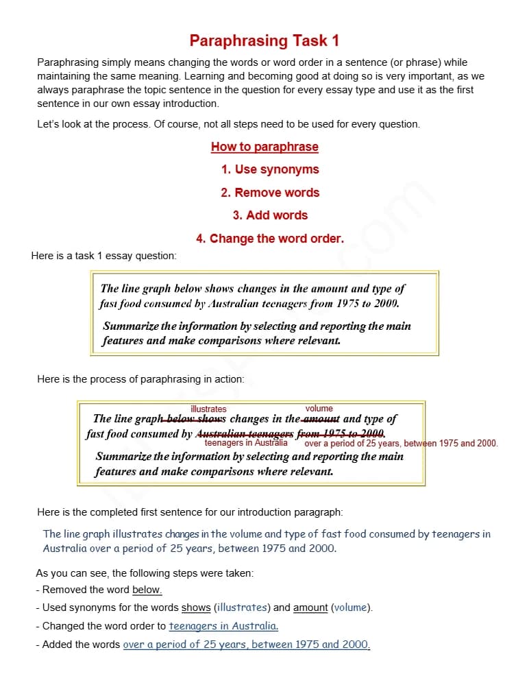 کتاب Paraphrasing WT1 Examples (نمونه‌های پارافریز رایتینگ تسک ۱ آیلتس) نسخه انگلیسی PDF | IELTS Pete