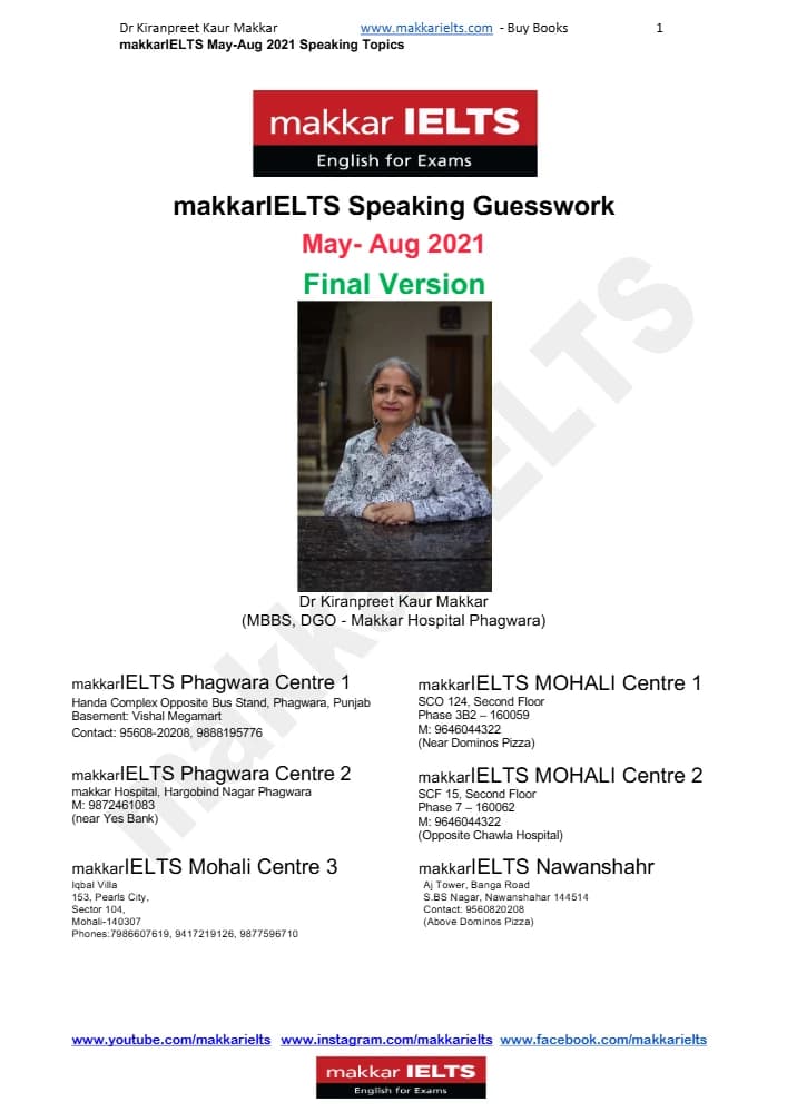 کتاب Makkar IELTS Speaking May–August 2021 Final Version (اسپیکینگ آیلتس؛ می تا آگوست ۲۰۲۱) نسخه انگلیسی PDF | Kiran Makkar