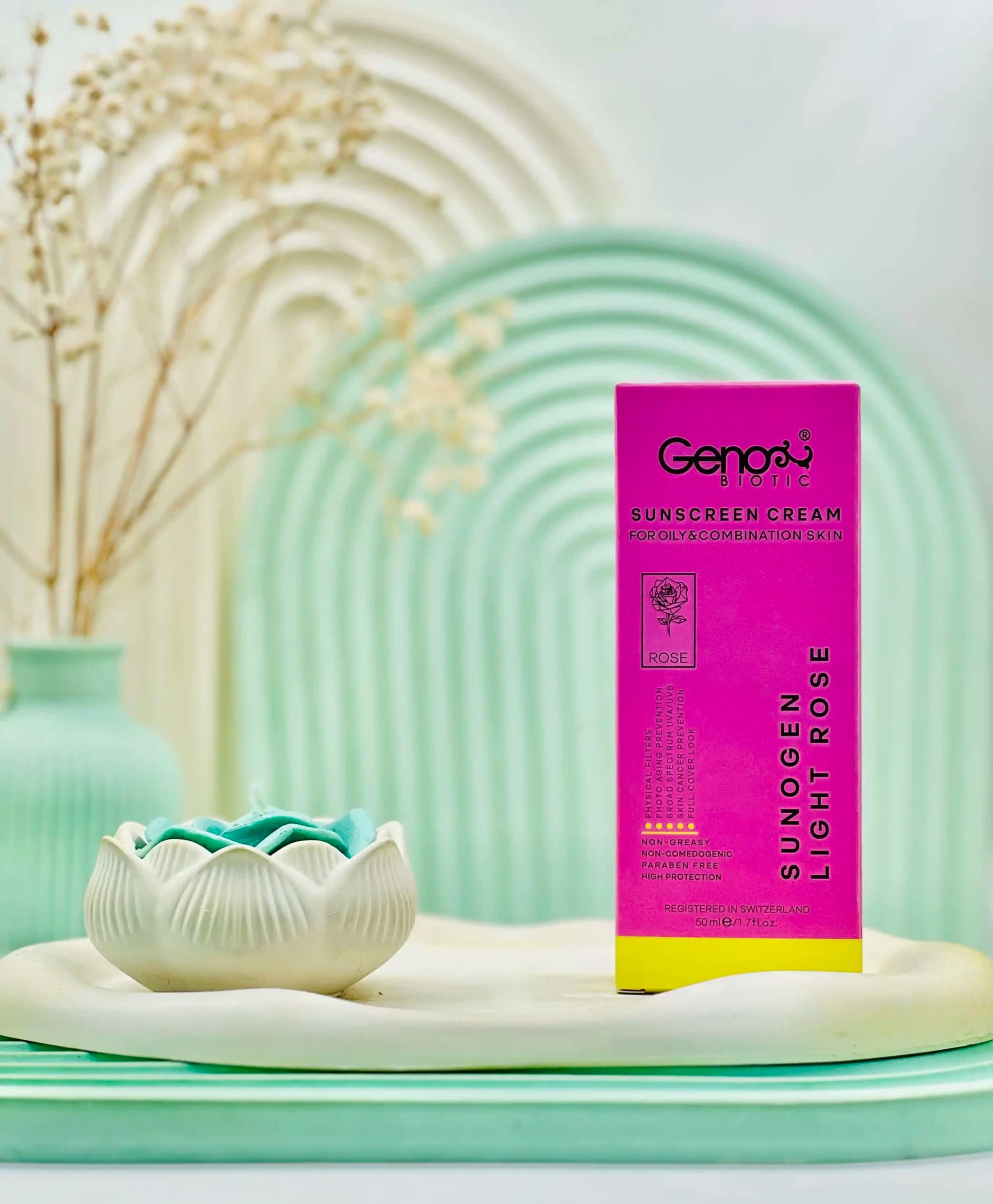 کرم ضد آفتاب SPF50 پوست چرب و مختلط ژنوبایوتیک رنگ رز روشن 50 میلی لیتر