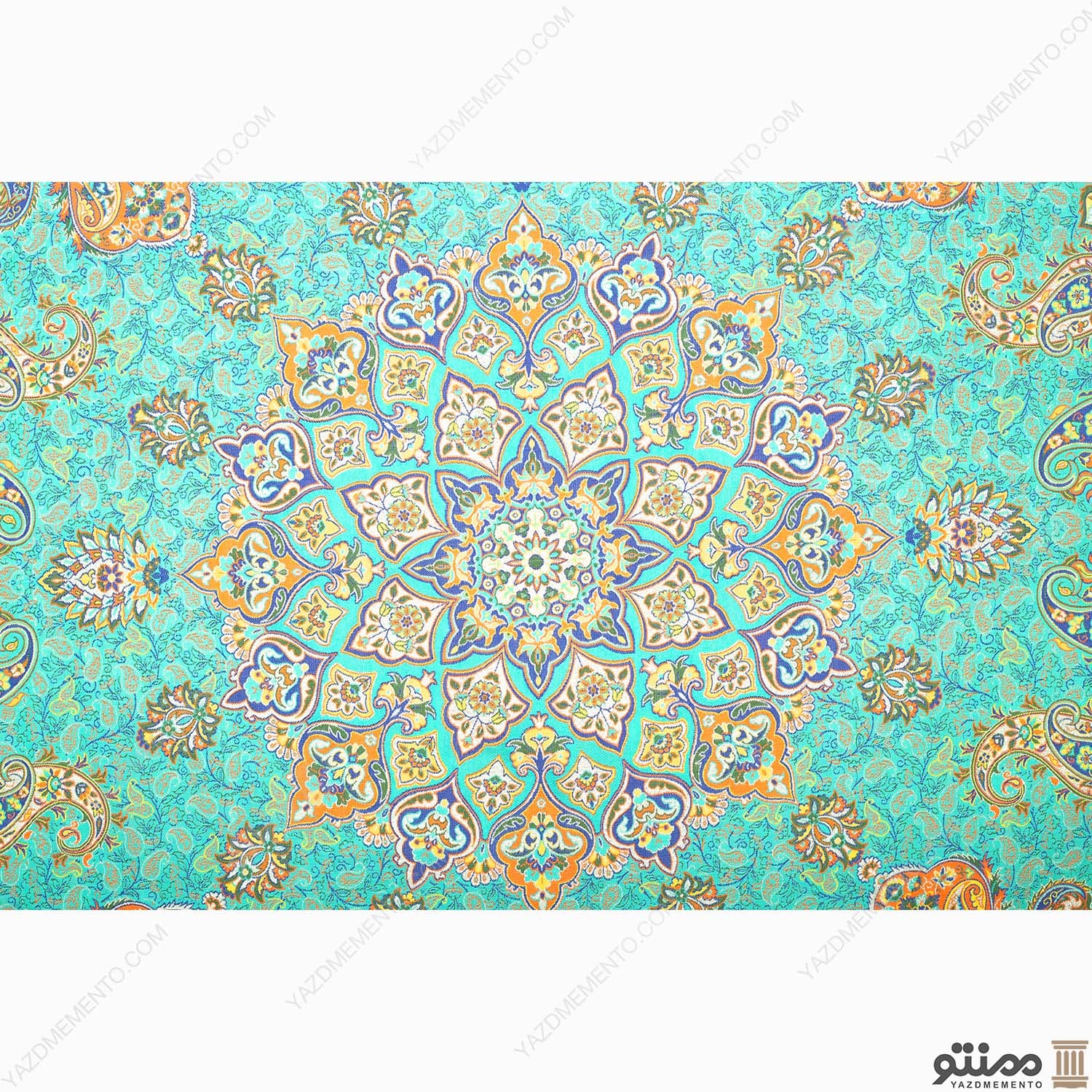 رومیزی ترمه مربع طرح ماندانا رنگ فیروزه ای — تصویر ۴