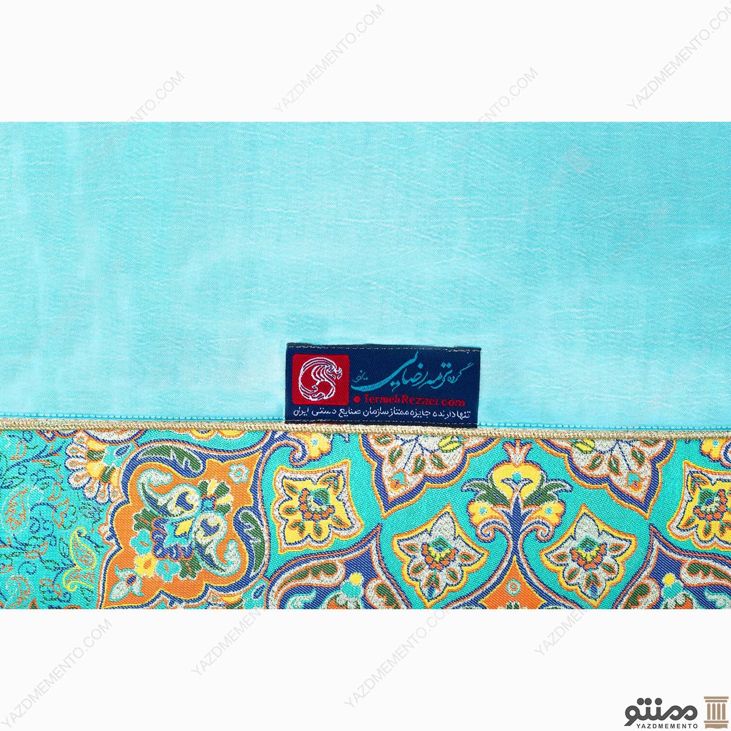 رومیزی ترمه مربع طرح ماندانا رنگ فیروزه ای — تصویر ۲