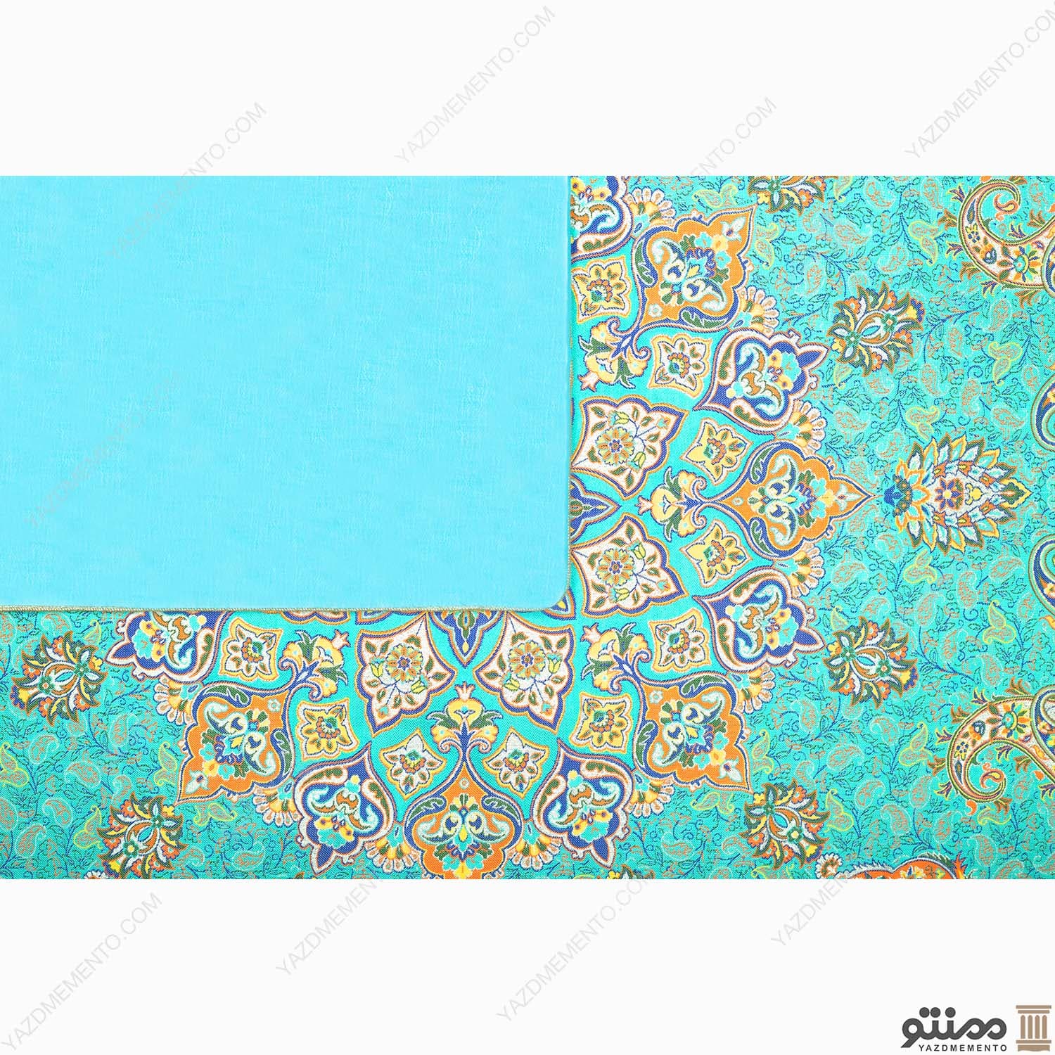 رومیزی ترمه مربع طرح ماندانا رنگ فیروزه ای — تصویر ۳