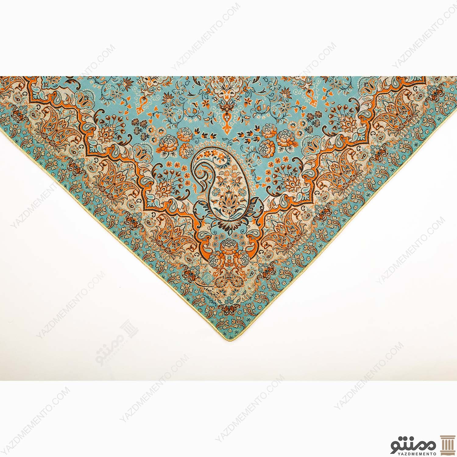 رومیزی ترمه مربع طرح اطلس رنگ فیروزه ای — تصویر ۷