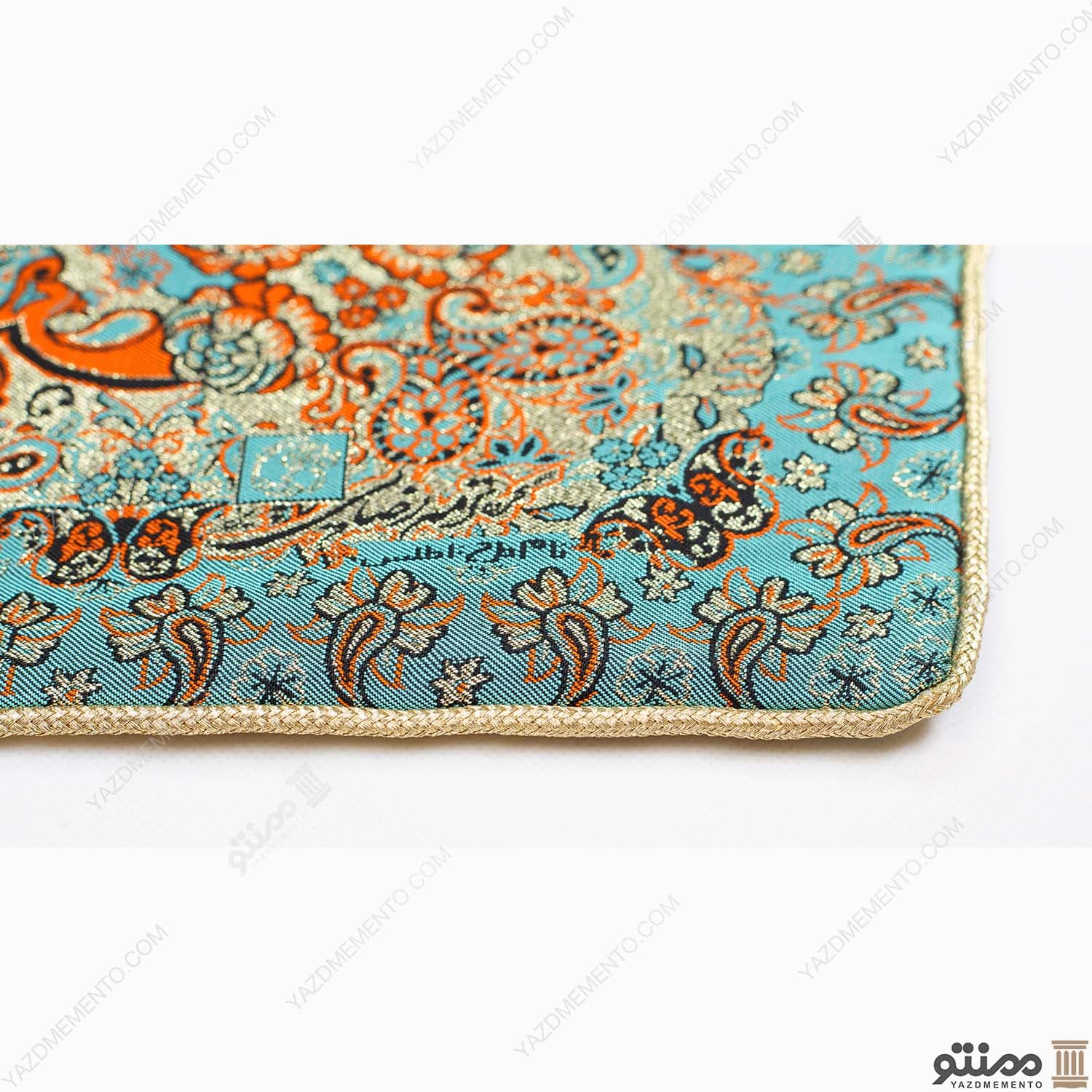 رومیزی ترمه مربع طرح اطلس رنگ فیروزه ای — تصویر ۵