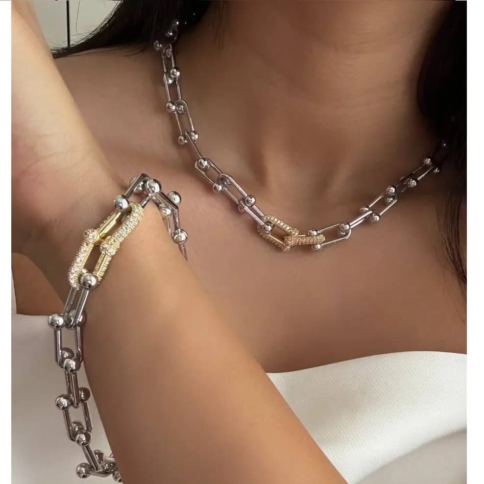 نیم ست گردنبند و دستبند زنانه طرح تیفانی Tiffany نگین کاری شده در دو رنگ طلایی و نقره ای مناسب روزمره و مهمانی آبکاری درجه یک نقره و رادیوم ضد حساسیت و رنگ ثابت کد zgc — تصویر ۳