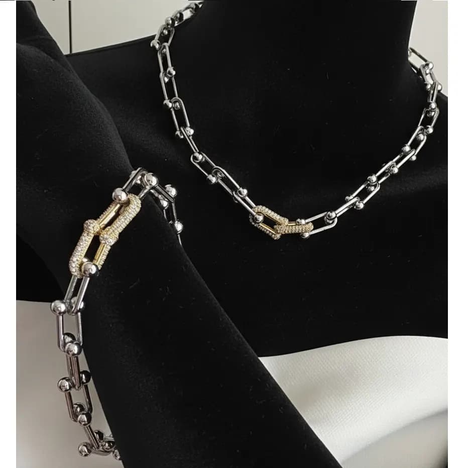نیم ست گردنبند و دستبند زنانه طرح تیفانی Tiffany نگین کاری شده در دو رنگ طلایی و نقره ای مناسب روزمره و مهمانی آبکاری درجه یک نقره و رادیوم ضد حساسیت و رنگ ثابت کد zgc — تصویر ۴