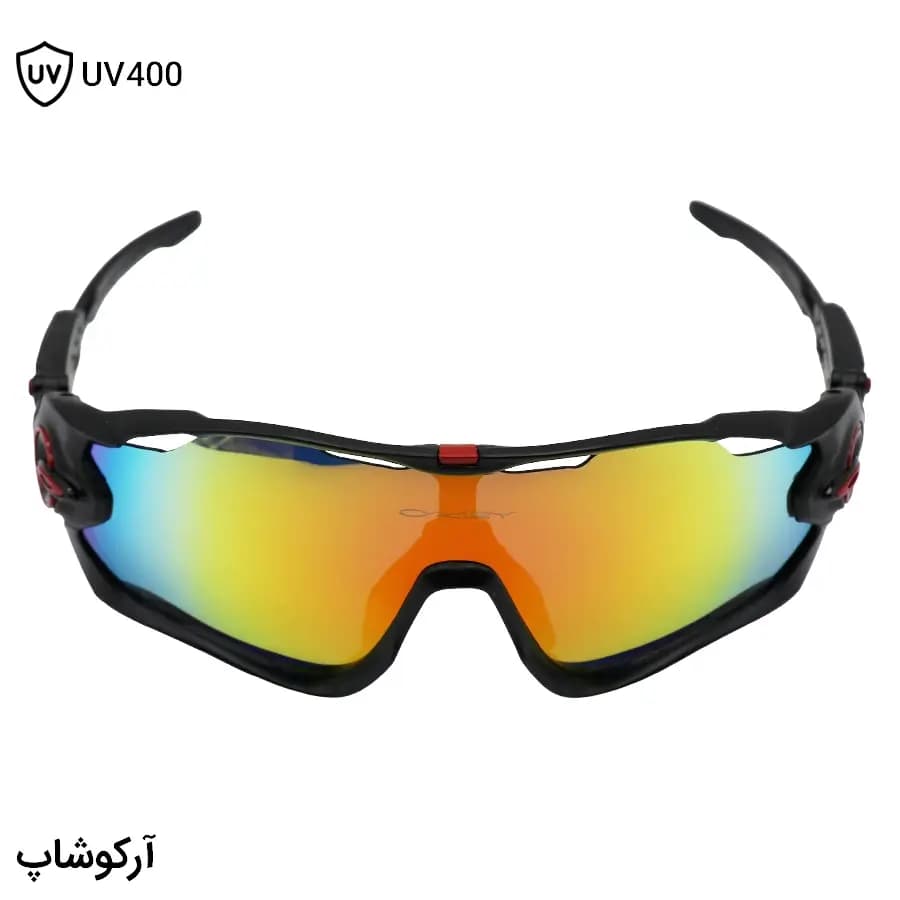 عینک ورزشی OAKLEY JAW با فریم رنگ مشکی مات، بیس دار، لنز جیوه‌ای و رنگ قرمز آتشی مدل OO9290 — تصویر ۲