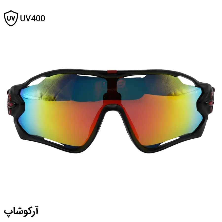 عینک ورزشی OAKLEY JAW با فریم رنگ مشکی مات، بیس دار، لنز جیوه‌ای و رنگ قرمز آتشی مدل OO9290 — تصویر ۳