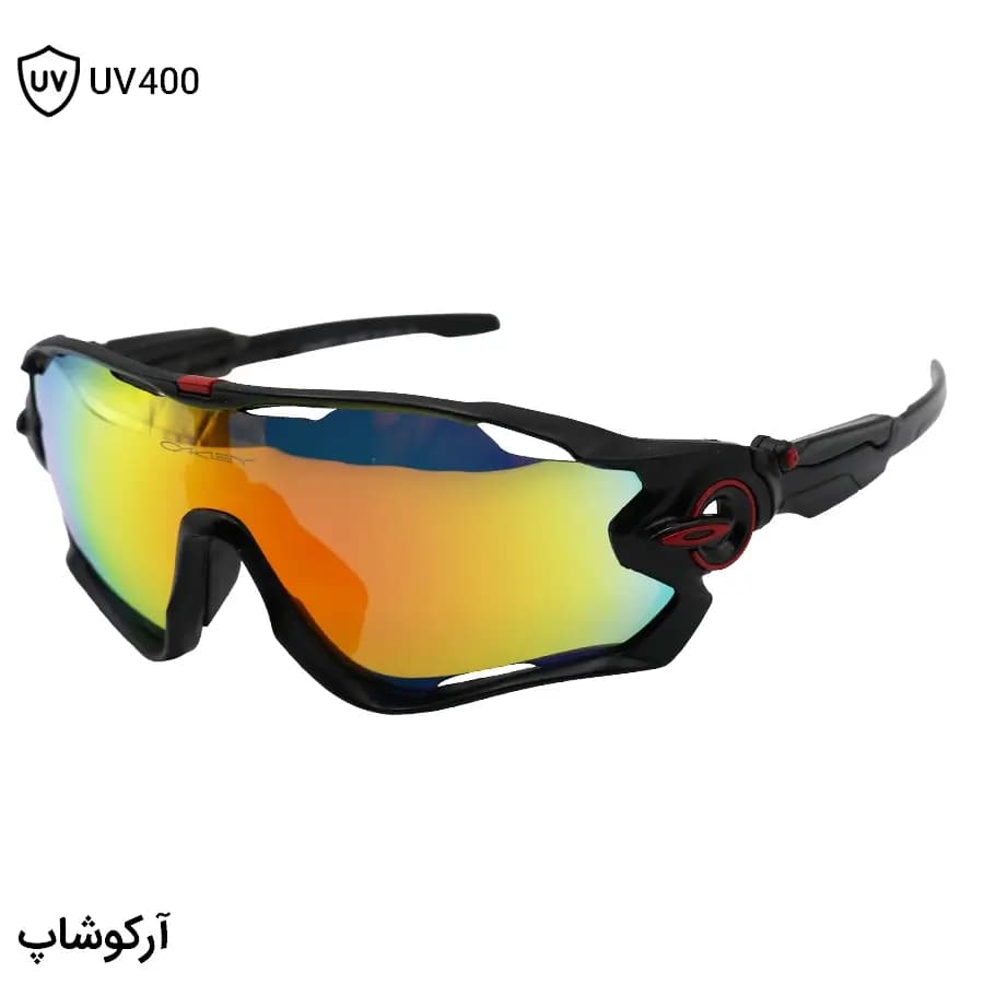 عینک ورزشی OAKLEY JAW با فریم رنگ مشکی مات، بیس دار، لنز جیوهای و رنگ قرمز آتشی مدل OO9290