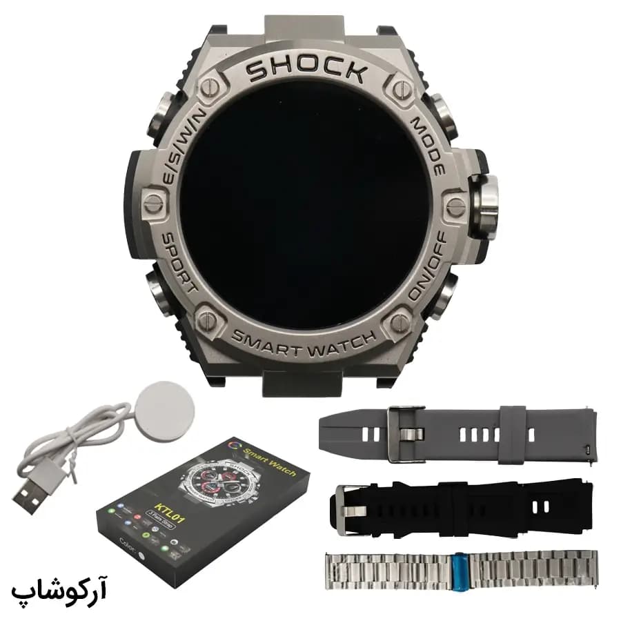 ساعت هوشمند SHOCK نقرهای، صفحه مشکی گرد، بند سیلیکونی و فلزی، قاب گرد مقاوم شوک، موتور دیجیتال هوشمند، شارژ مغناطیسی مدل KTL01