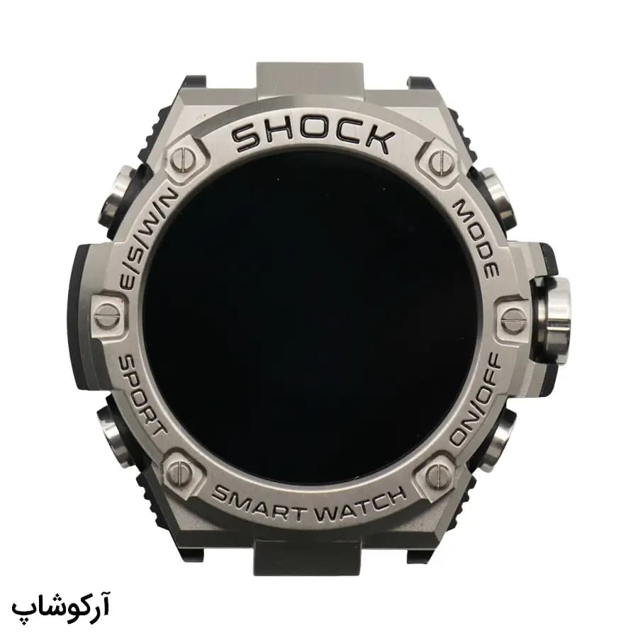 ساعت هوشمند SHOCK نقره‌ای، صفحه مشکی گرد، بند سیلیکونی و فلزی، قاب گرد مقاوم شوک، موتور دیجیتال هوشمند، شارژ مغناطیسی مدل KTL01 — تصویر ۳