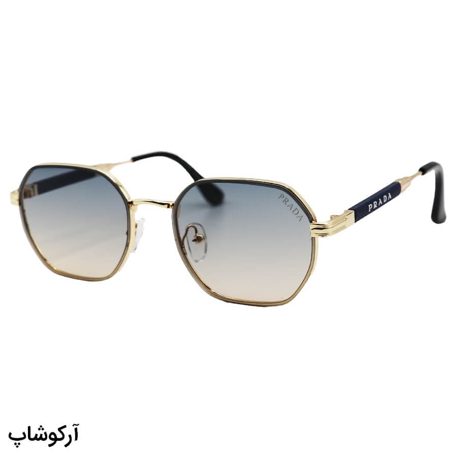 عینک آفتابی PRADA با فریم رنگ طلایی، شکل هندسی و لنز دو رنگ و هایلایت مدل 0548