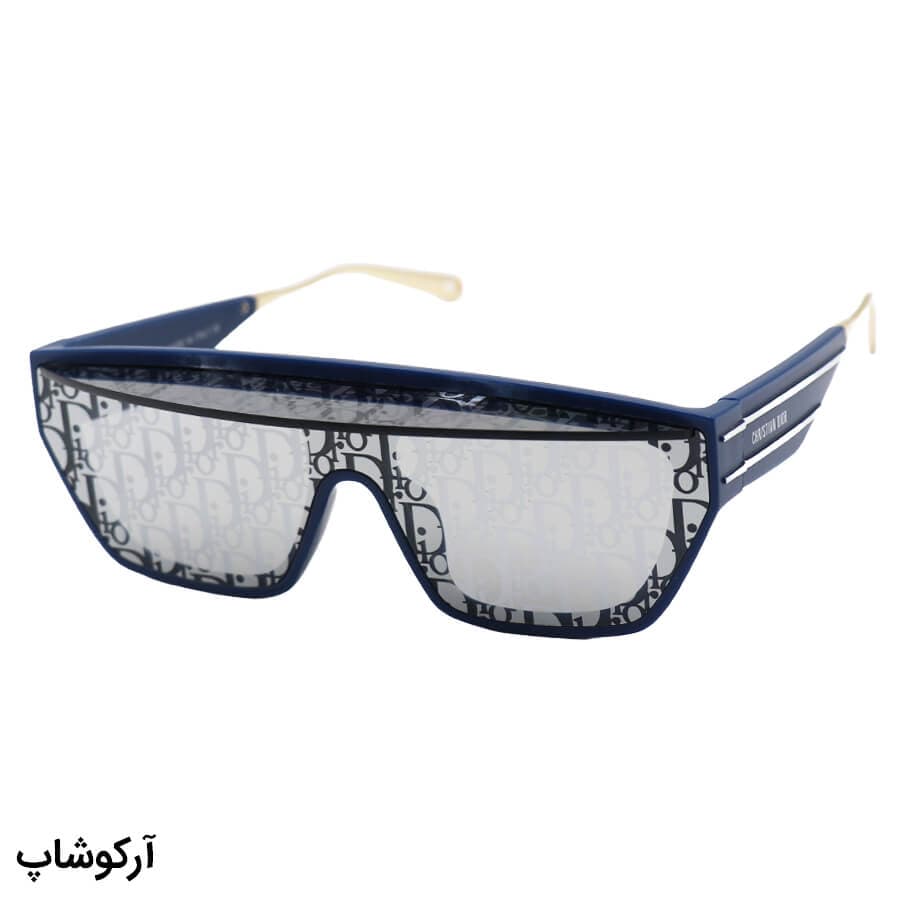 عینک آفتابی فانتزی DIOR با فریم نقاب دار و رنگ سرمه‌ای مات، لنز آینه‌ای و نقره‌ای و کپ دار مدل 7139