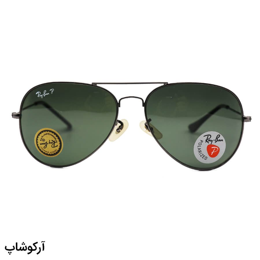 عینک آفتابی Ray-Ban با فریم نوک مدادی، شکل خلبانی، لنز شیشه، سبز رنگ و پلاریزه مدل 3026-S62