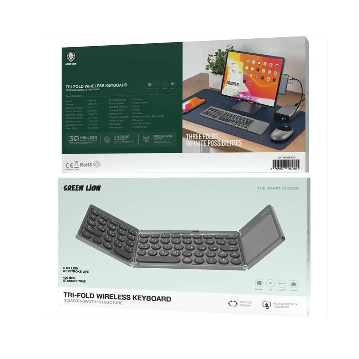 کیبورد بی‌سیم تاشو سه‌تکه گرین لاین با ساختار Scissor-Switch مدل GNTRIKYBDGY — تصویر ۲