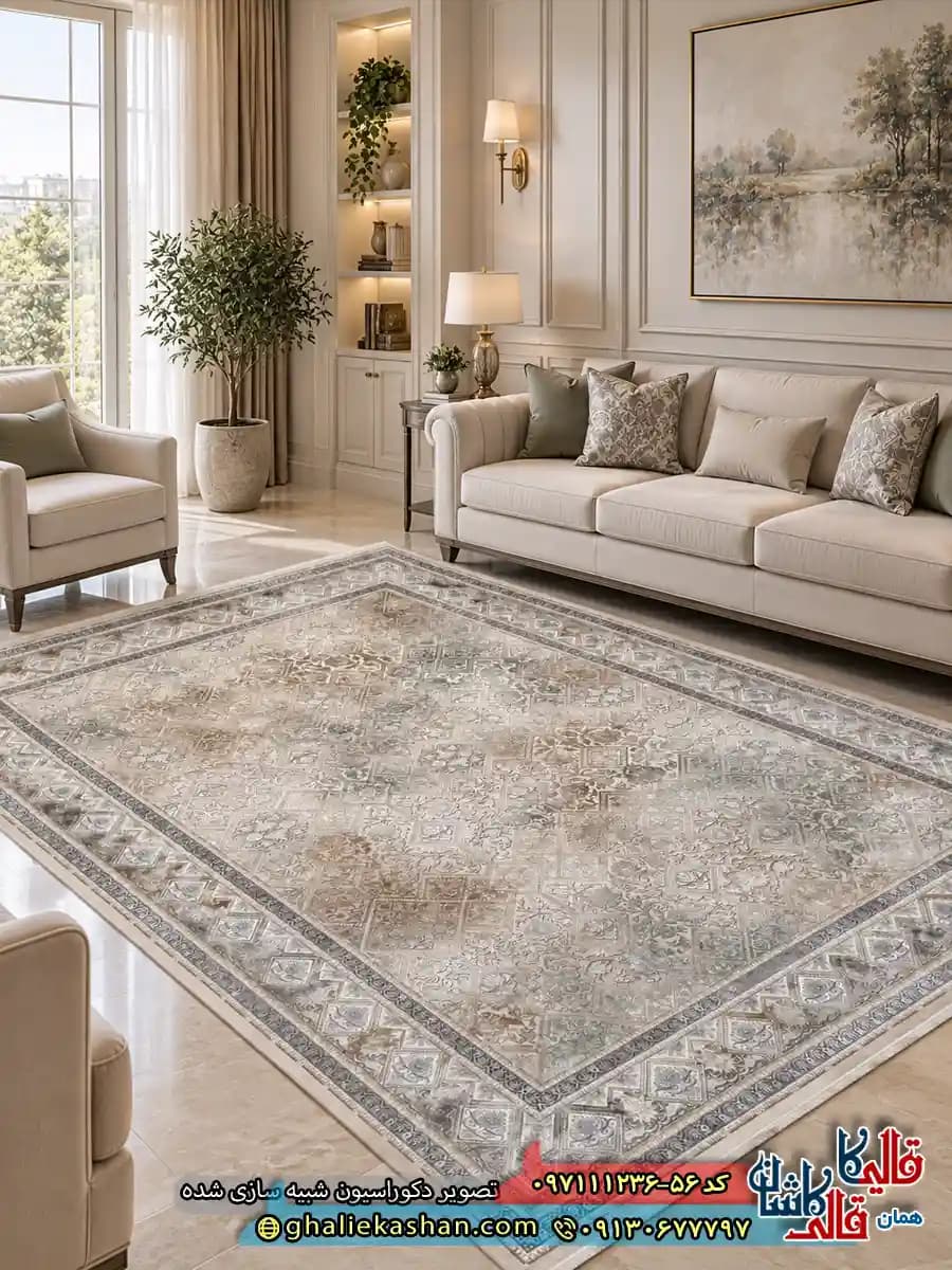 فرش ‌وینتیج ‌1200 ‌شانه ‌طرح ‌افشان ‌آترین ‌رنگ ‌کرم ‌موکا ‌سبز ‌گل ‌برجسته ‌کاشان ‌