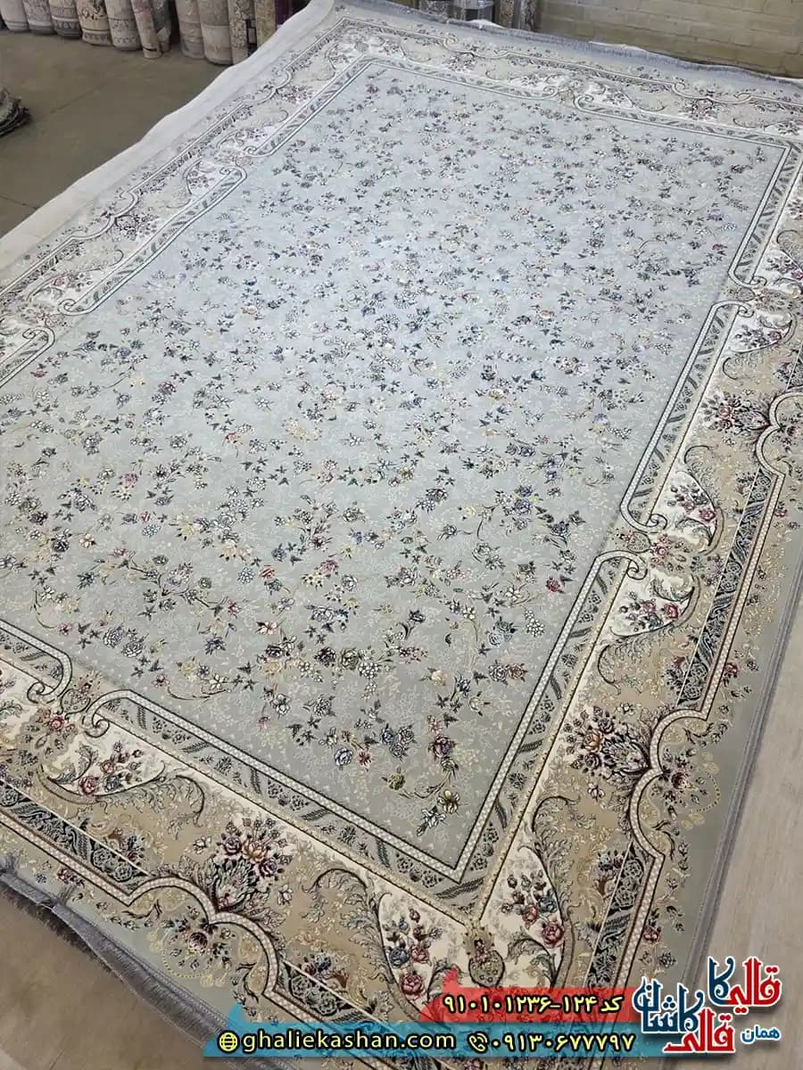فرش 1200 شانه طرح افشان رزان رنگ طوسی نقره ای کاشان — تصویر ۲
