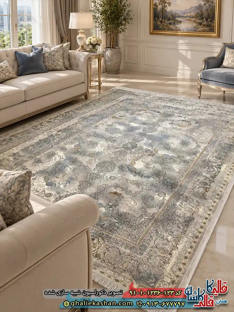 فرش طلاکوب وینتیج 1200 شانه طرح افشان گیلوار رنگ بژ کاشان