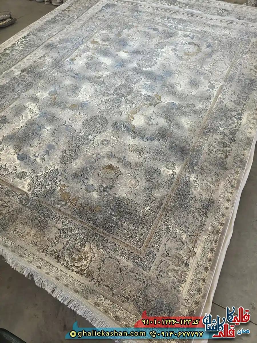 فرش طلاکوب وینتیج 1200 شانه طرح افشان گیلوار رنگ بژ کاشان — تصویر ۲