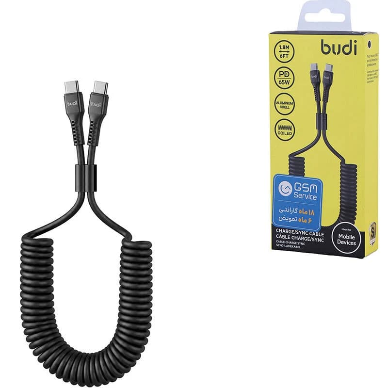 کابل فنری دو سر تایپ سی فست شارژ 65 وات بودی DC210TTS18 طول 1.8 متر