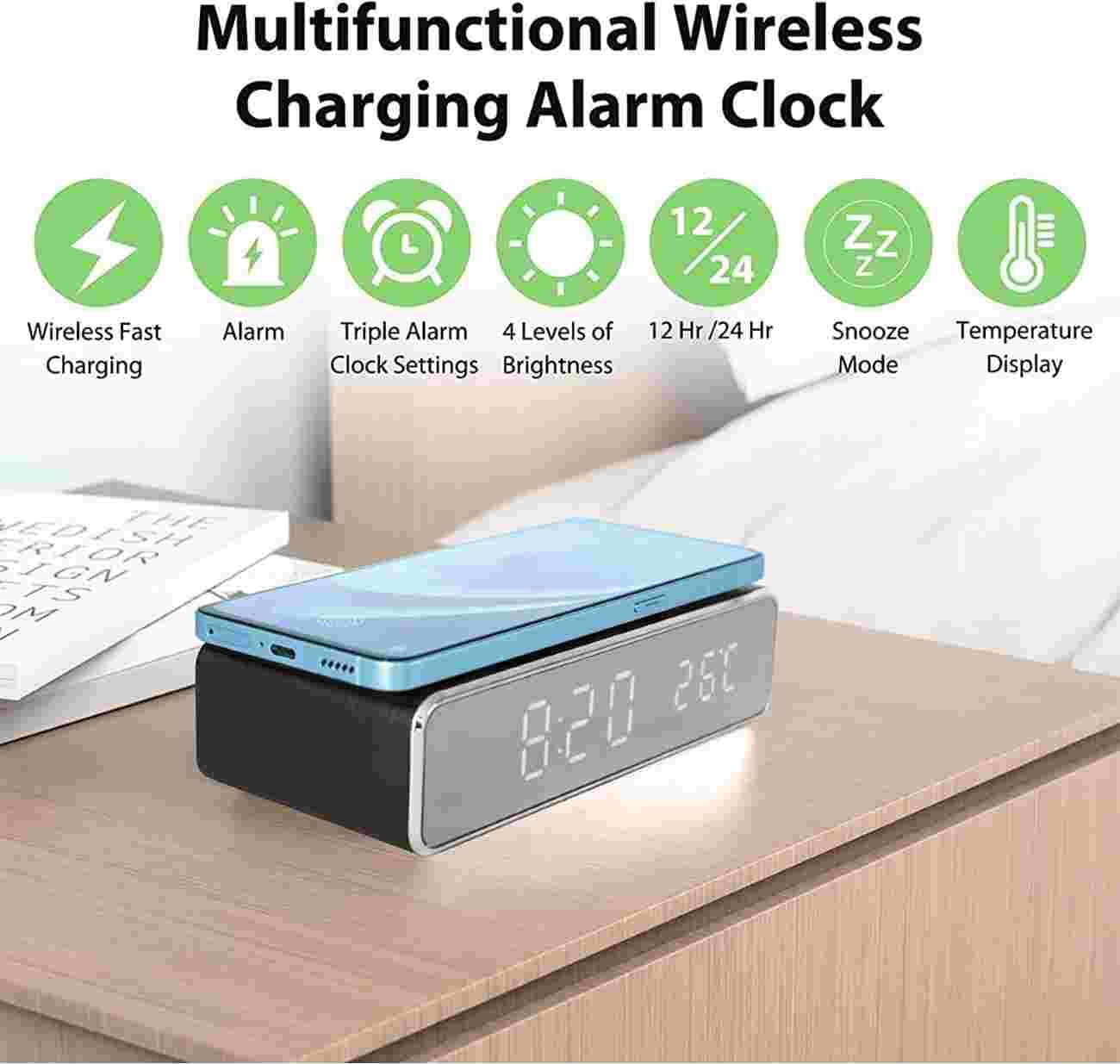ساعت رومیزی با شارژر بی سیم Wireless Charging Digital Alarm Clock — تصویر ۷