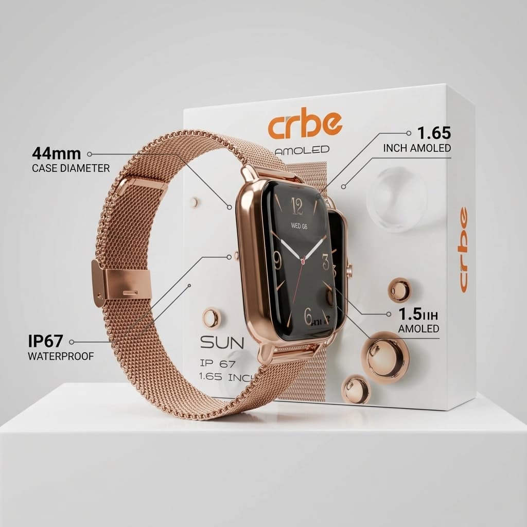 ساعت هوشمند کربی CRBE Sun بند حصیری صفحه AMOLED — تصویر ۲