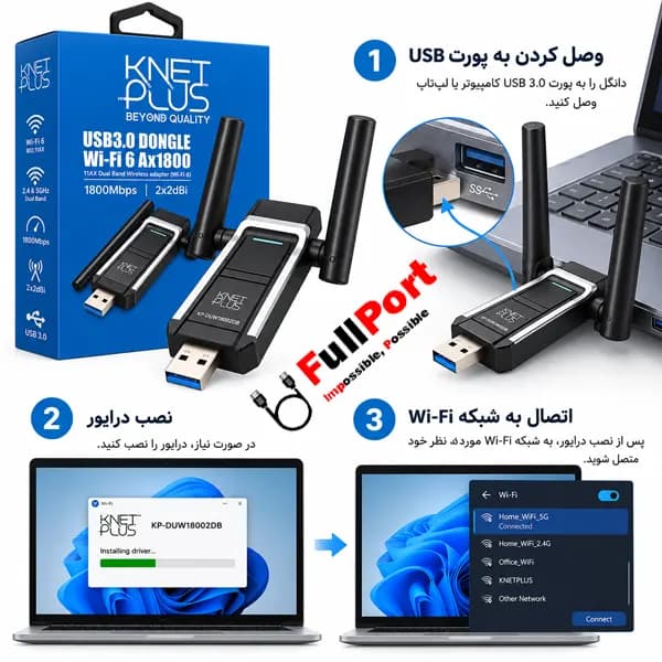 کارت شبکه بی‌سیم USB 3.0 کی‌نت پلاس مدل KP-DUW18002DB Wi-Fi 6 AX1800 — تصویر ۵