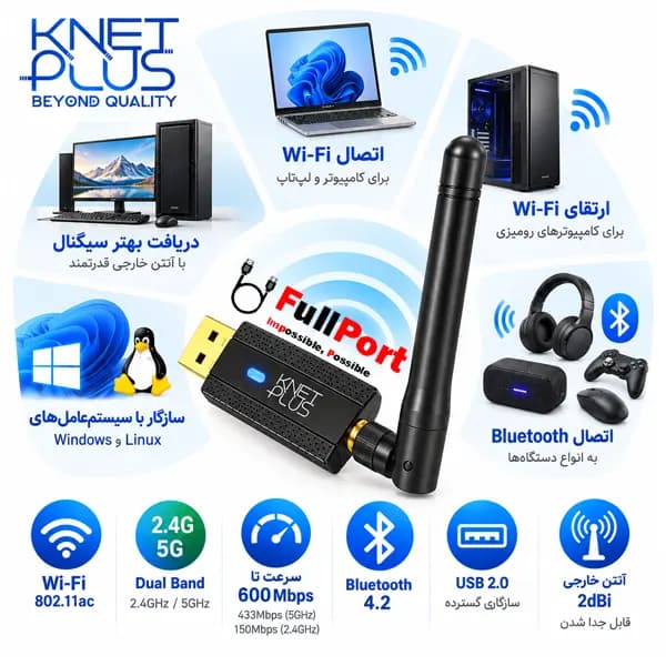 کارت شبکه بی‌سیم USB دو بانده کی‌نت پلاس مدل KP-DUWB6002DB با سرعت 600Mbps — تصویر ۶