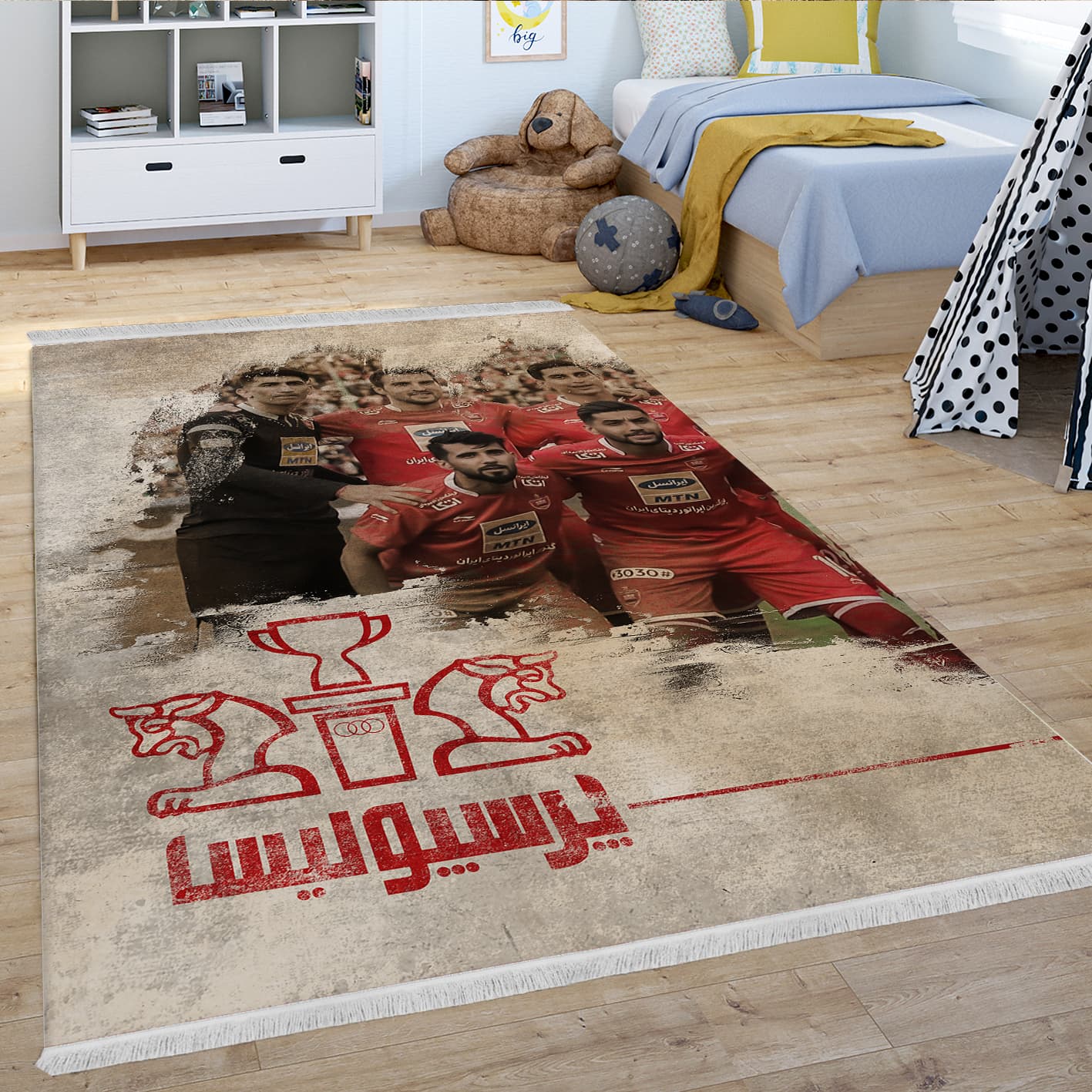 فرش چاپی پسرانه طرح بازیکنان پرسپولیس زمینه پتینه کرمی WAs-2031