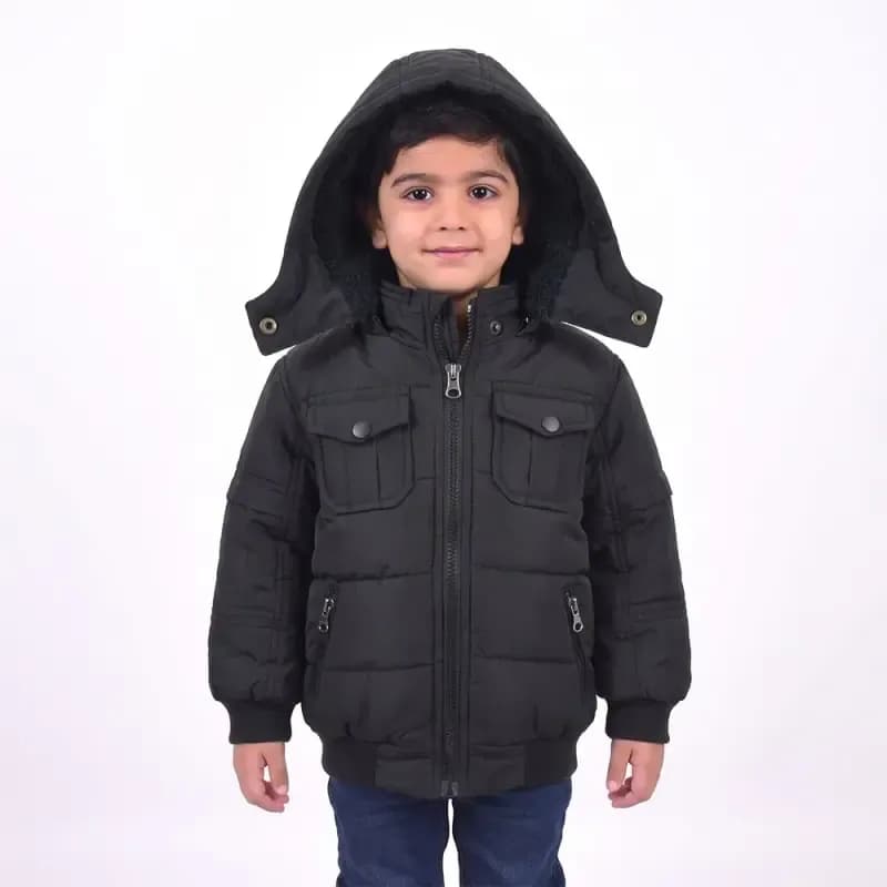 کاپشن پسرانه چهار جیب مشکی شمعی آستر خز پاییزه و زمستانه