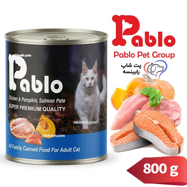 کنسرو پته گربه بالغ پابلو مرغ سالمون و کدوتنبل سوپرپریمیوم 800 گرم