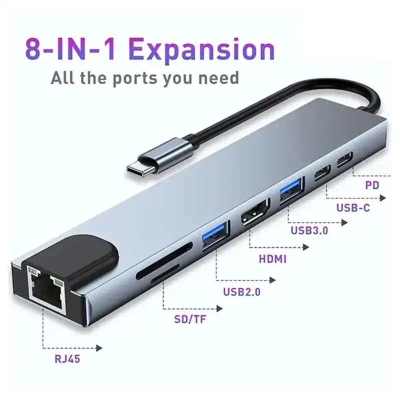 تبدیل ۸in1 تایپ سی به ۲USB-C /LAN /HDMI/ TF/SD/2USB3.0