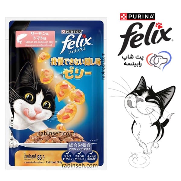 پوچ گربه فلیکس تایلند سالمون و گوجه در ژله 85 گرم