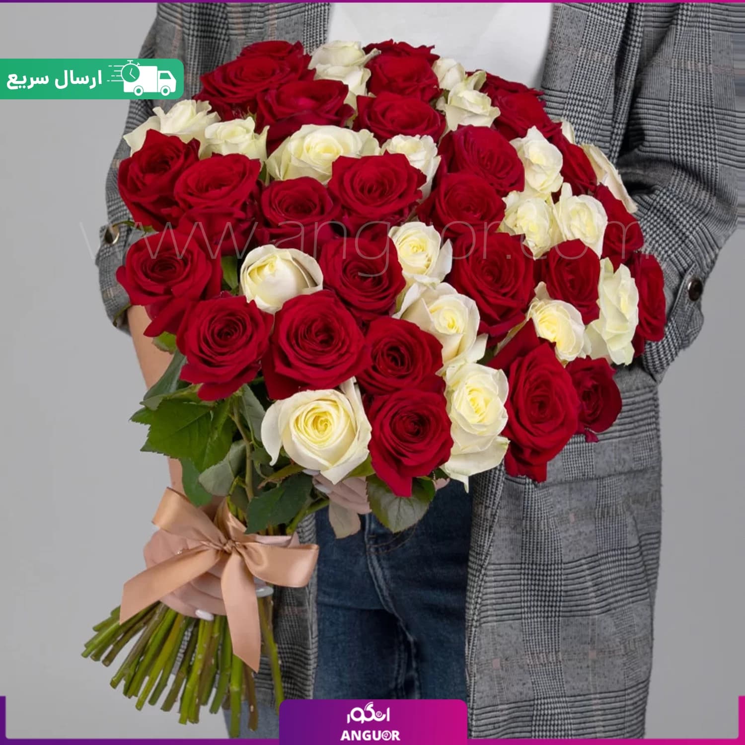 دسته گل رز سفید و قرمز 50 شاخه (رز هلندی)
