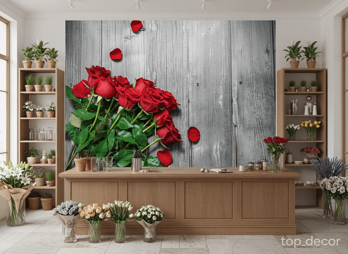 پوستر دیواری رز قرمز | گلهای عاشقانه روی پسزمینه چوبی مینیمال — تصویر ۲