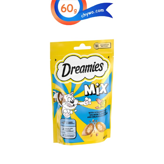 تشویقی گربه طعم میکس ماهی سالمون و پنیر دریمز وزن 60 گرم Dreamies