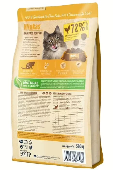 غذای خشک گربه بالغ هپی کت مدل مینکاس هیربال طعم مرغ وزن 1 کیلوگرم (زیپ کیپ فله ای) Happycat Minkas Hairball Control — تصویر ۲