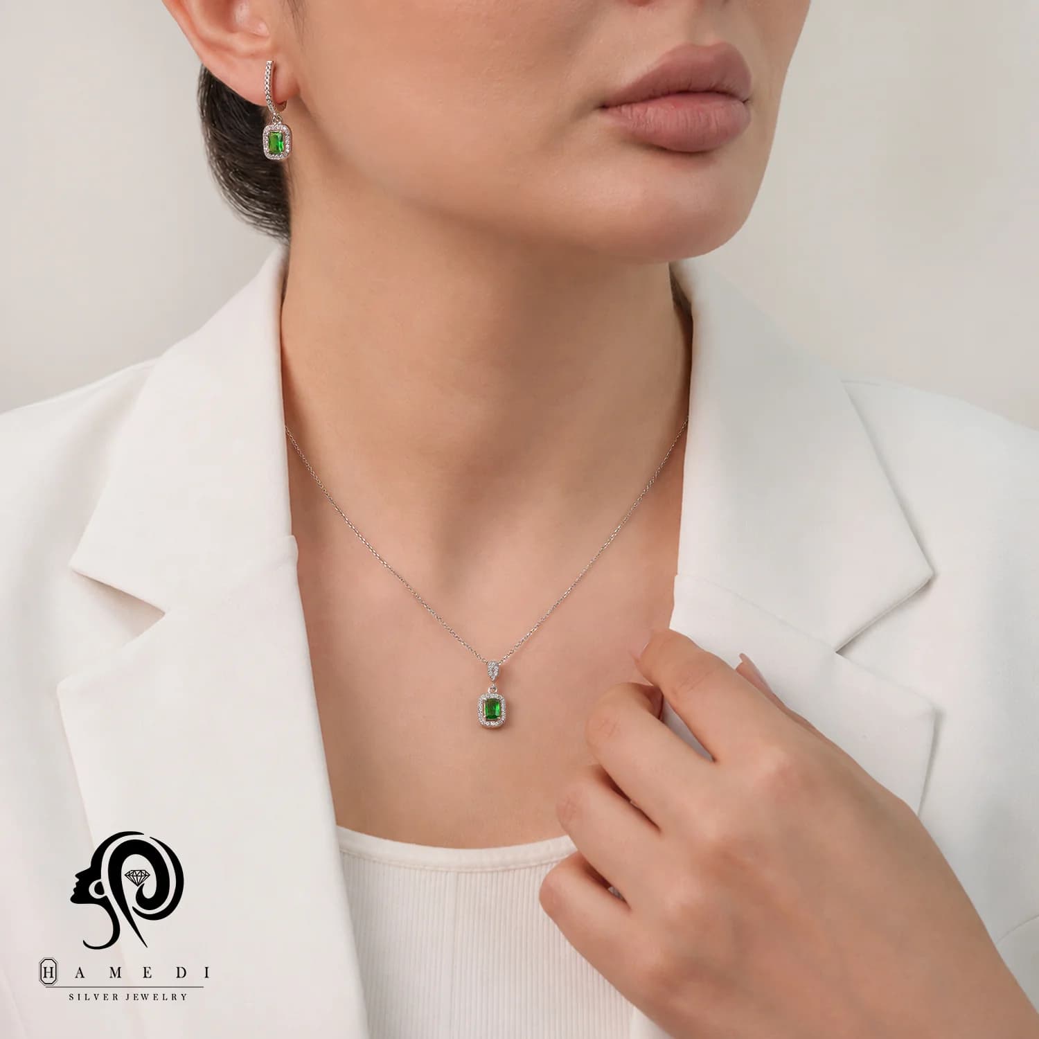 نیم ست نقره زنانه جواهری مستطیلی مدل NI R87 — تصویر ۲