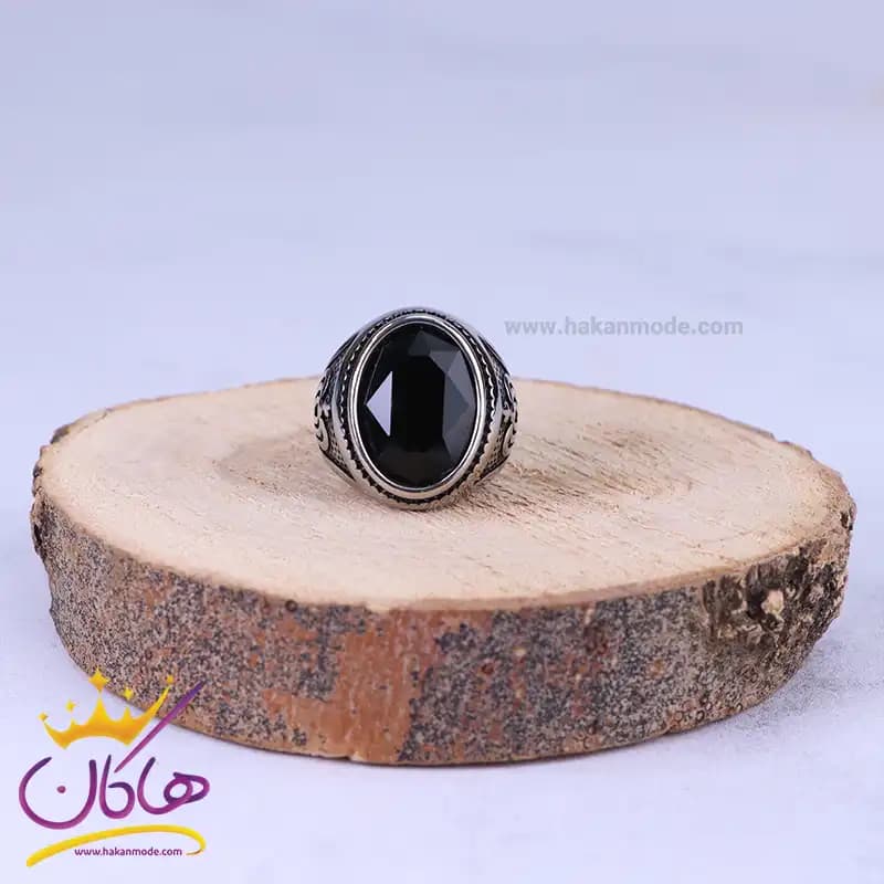 انگشتر استیل مردانه نقره ای سنگ مشکی st36316